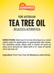 Sundance tea tree oil dropper dispensing a drop, close-up showing precise application benefit