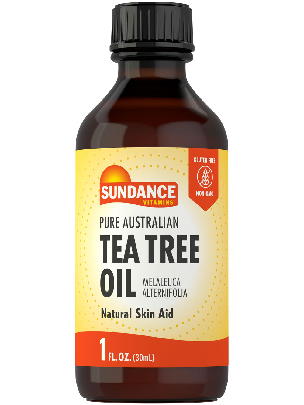 Sundance tea tree oil front label showing product name and size, clear info benefit