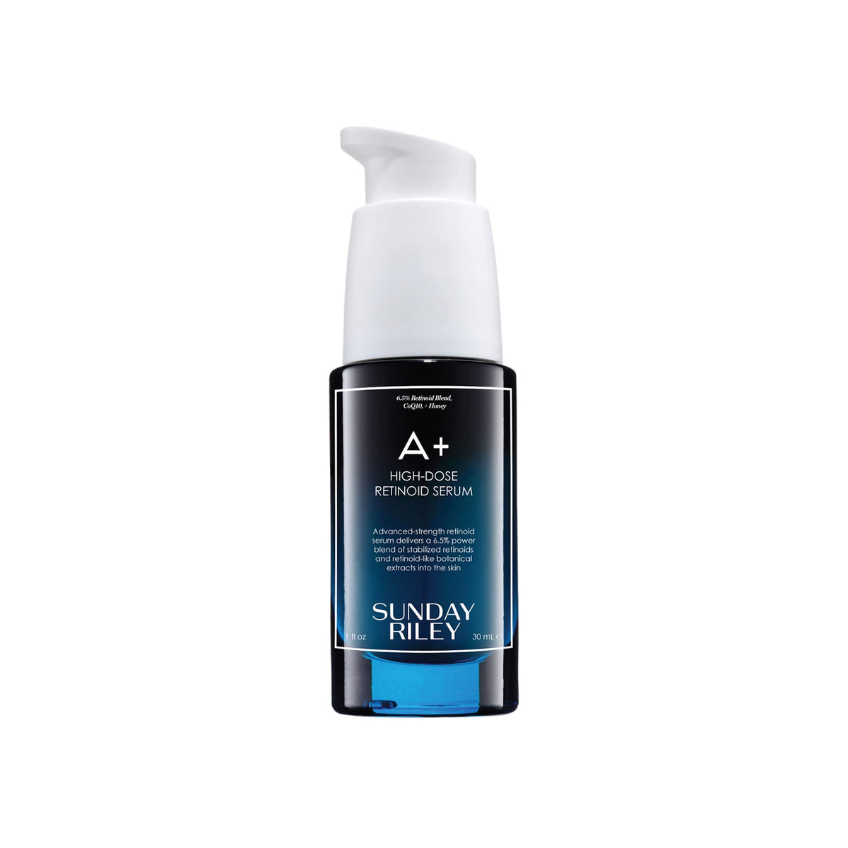 Sunday Riley A+ front bottle showing label and strength, highlights potency