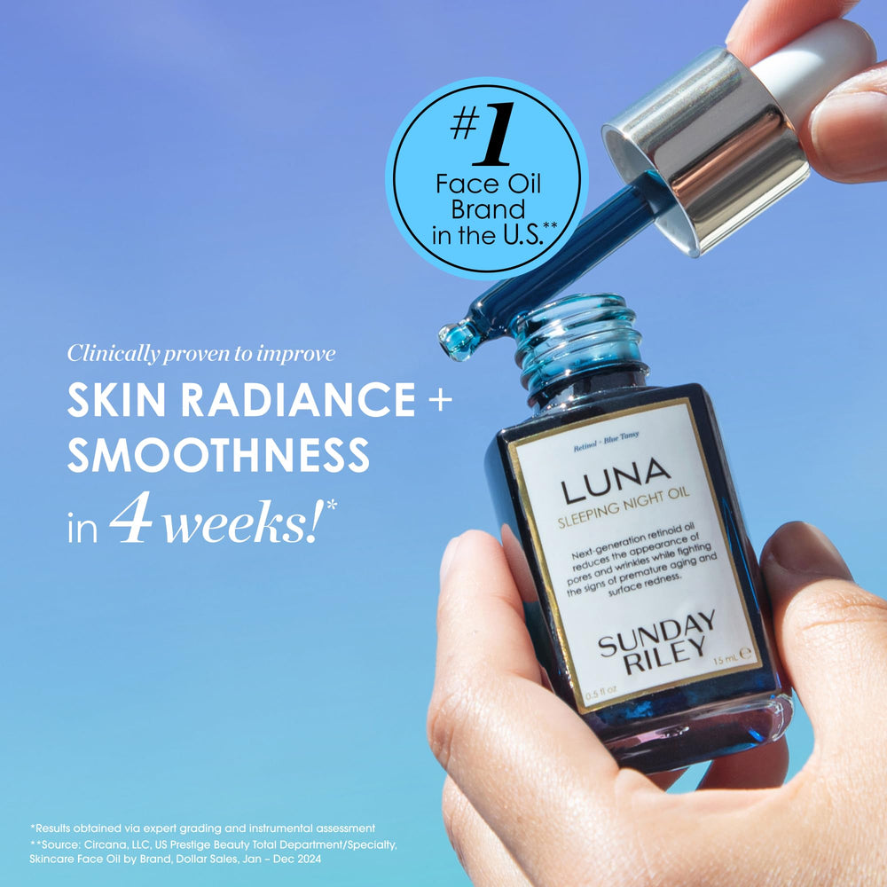 Blue tansy flower with Sunday Riley logo showing calming botanical benefit
