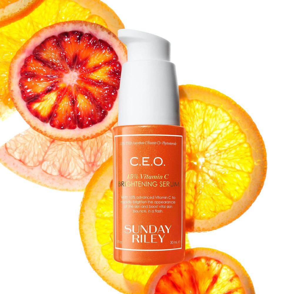 Sunday Riley serum on bathroom vanity suggesting daily skincare routine