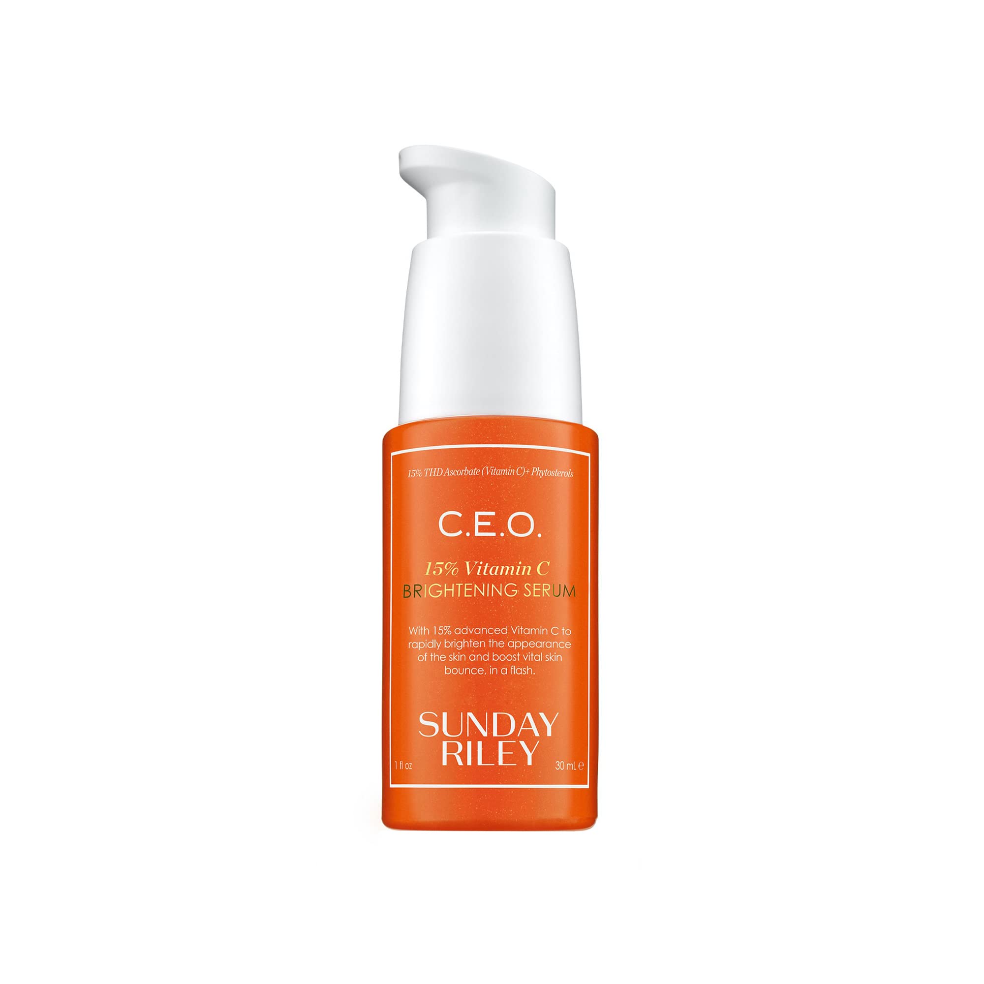 Sunday Riley bottle front view showing brightening serum and clean design benefits