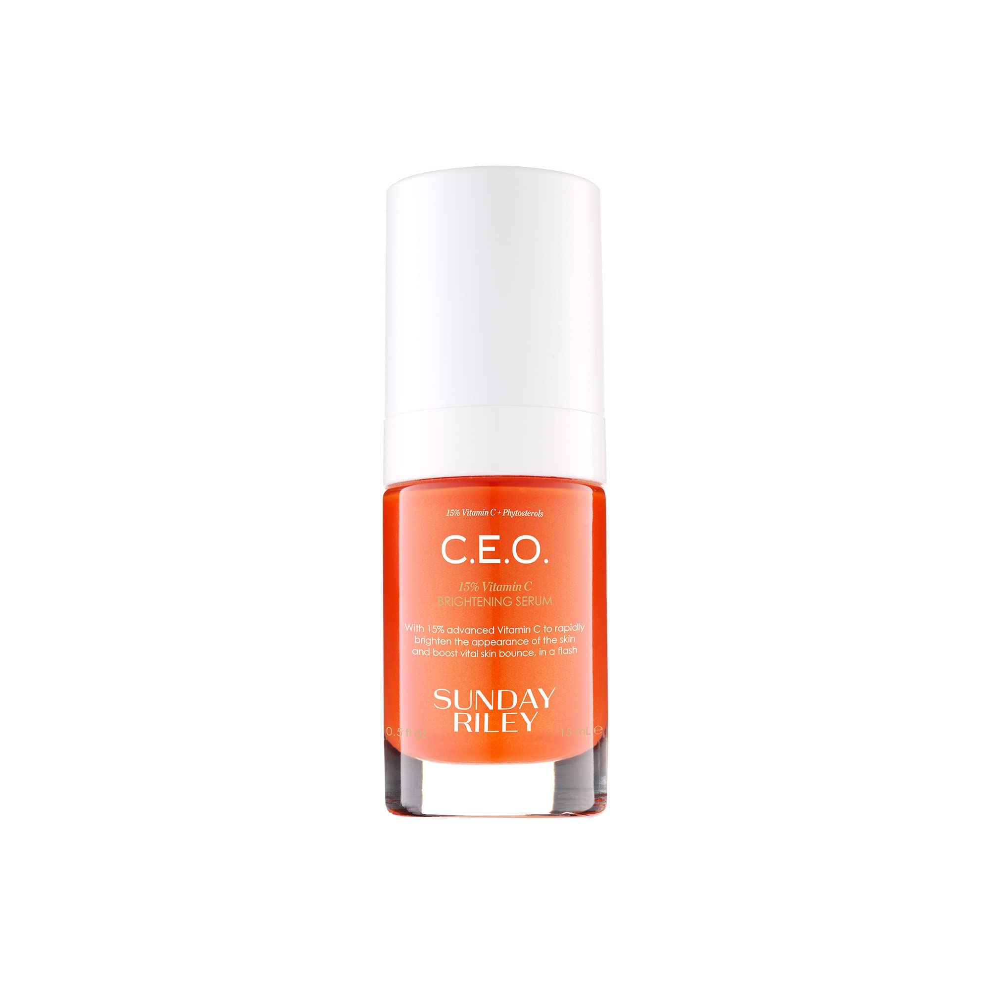 Sunday Riley bottle front view showing brightening serum benefits