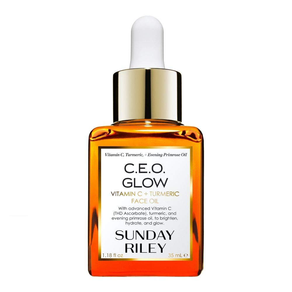 Sunday Riley bottle front view showing product and branding for brightening