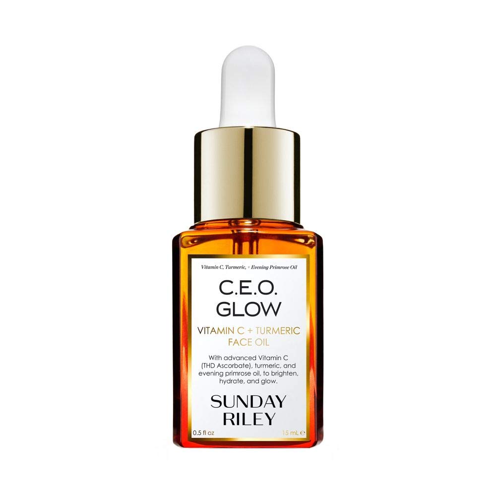Sunday Riley C.E.O. Glow front bottle showing label and size, showcasing brand radiance