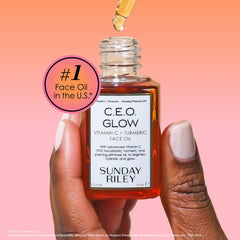 Sunday Riley oil applied on cheek, demonstrating hydrating glow and lightweight finish