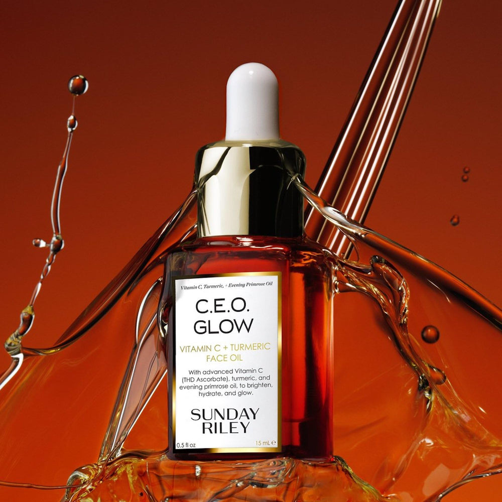 Oil blended on skin with subtle glow showing Sunday Riley hydration and radiance