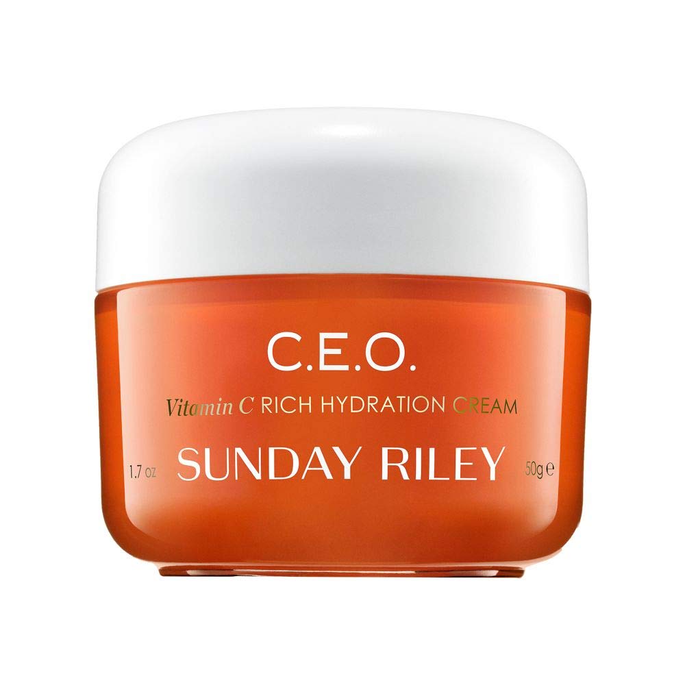 Sunday Riley C.E.O. jar front showing label and compact packaging, conveys premium skincare