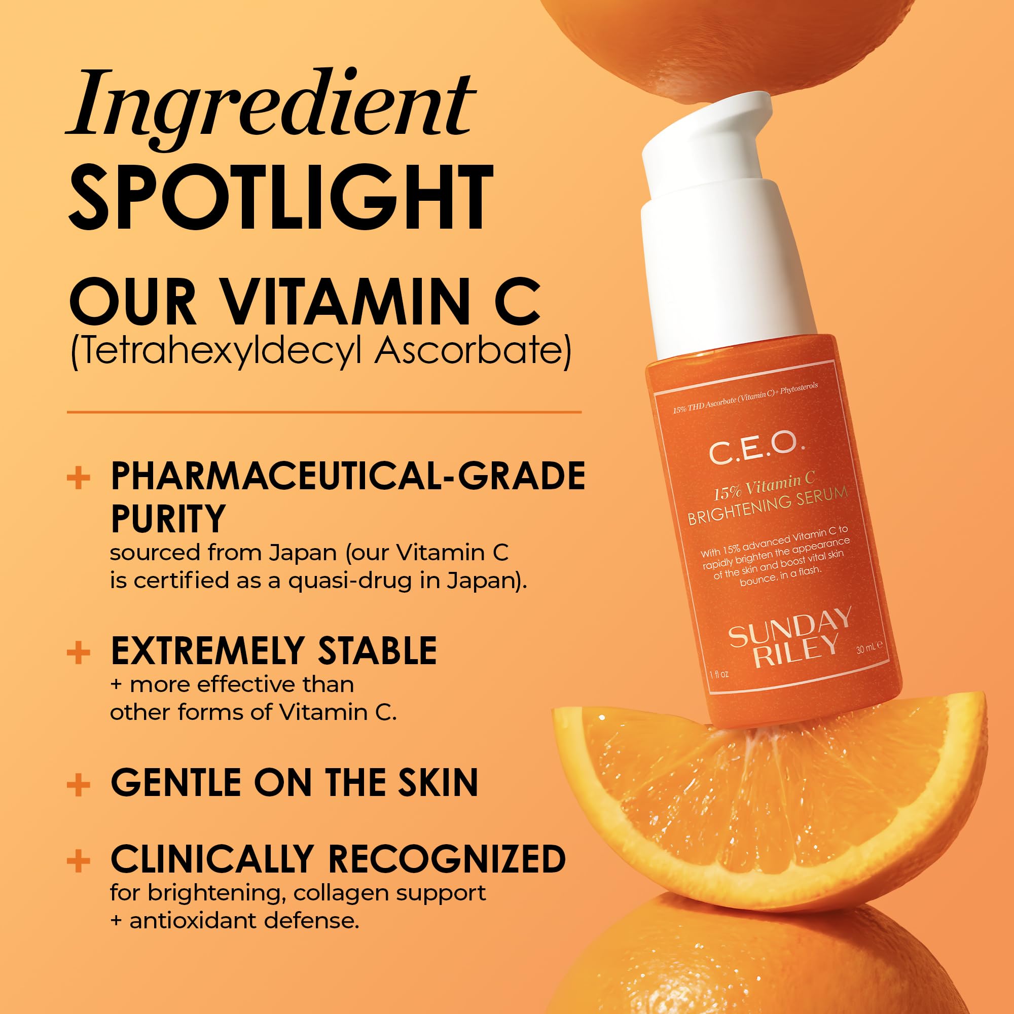 Sunday Riley ingredient list close-up showing THD ascorbate clarity