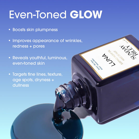 Sunday Riley Luna droplet on fingertip highlighting silky oil texture and absorption