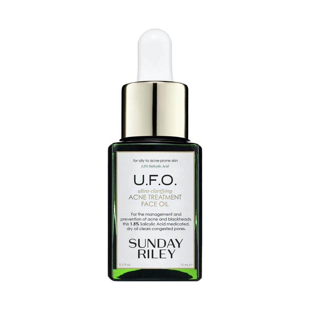 Sunday Riley bottle front view showing product clarity and compact size benefits