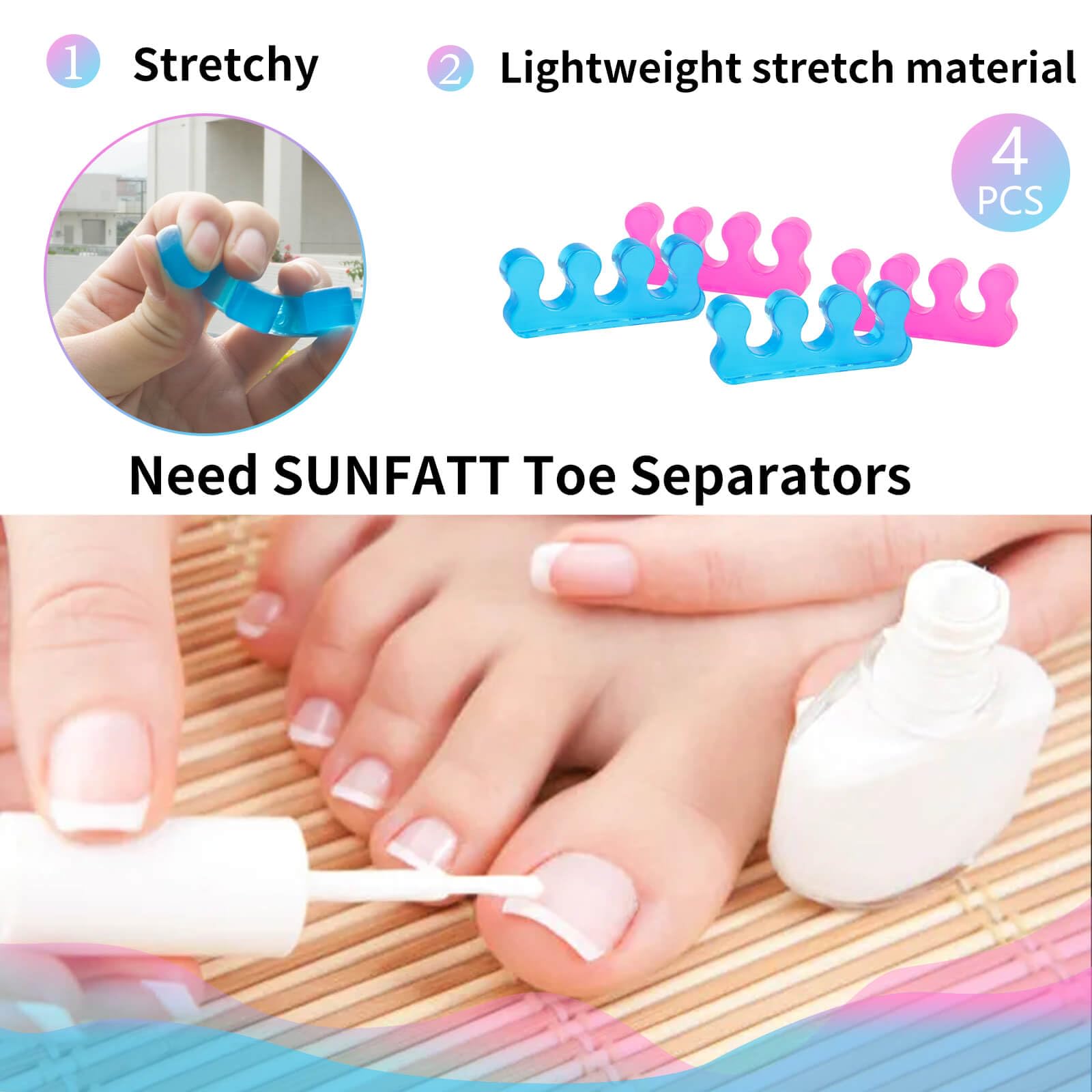 SUNFATT toe separators in use during pedicure to prevent polish smudges