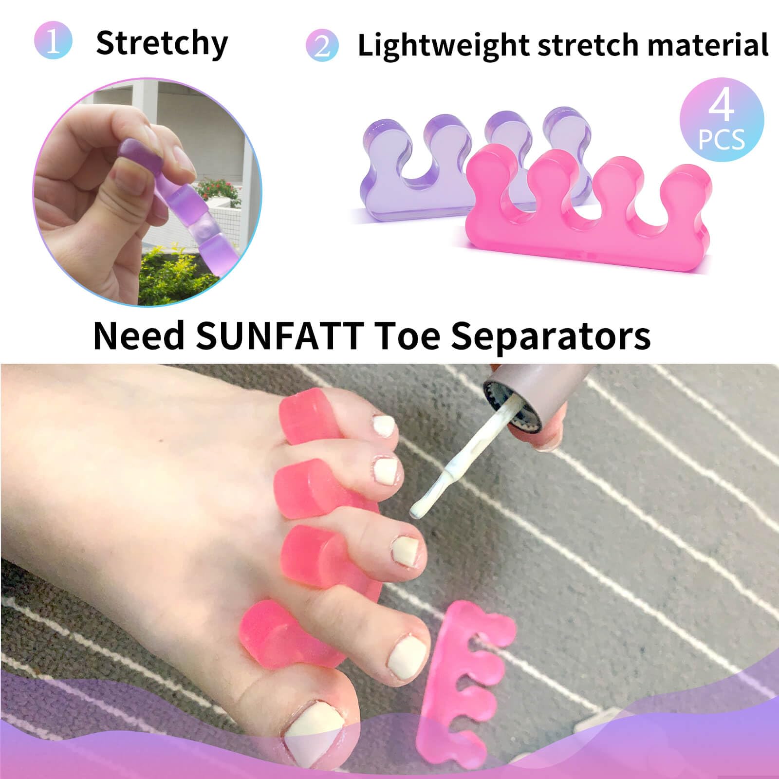 SUNFATT toe separators in use during pedicure providing clean nail access