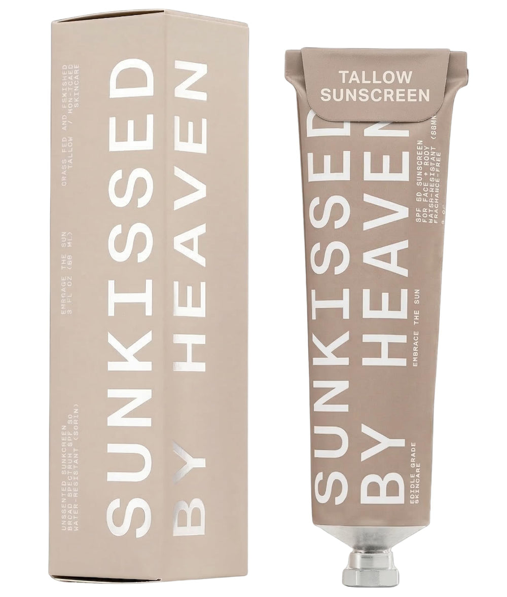 Sunkissed By Heaven front tin showing branding and SPF 50, clear protection for outdoor use