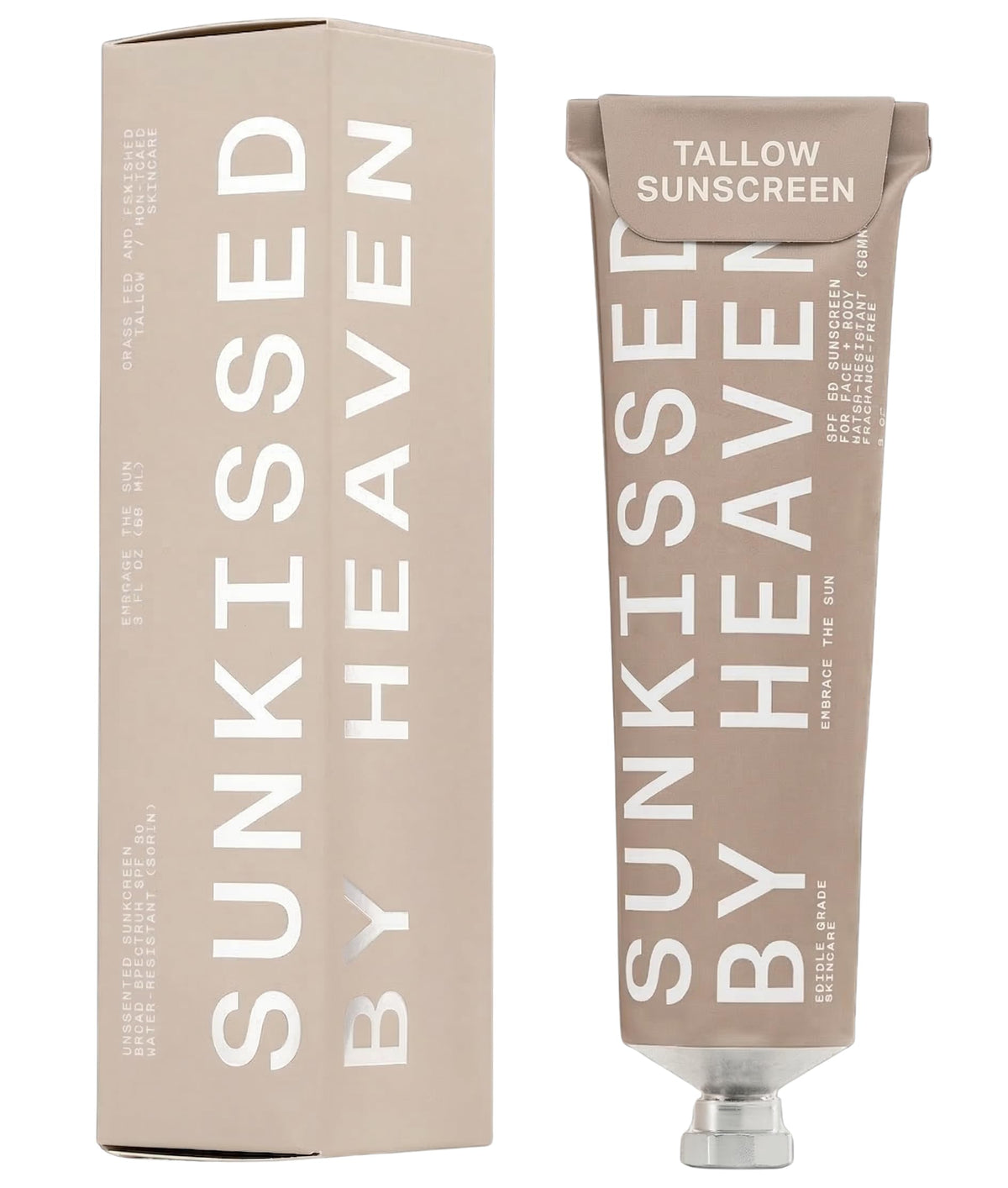 Sunkissed By Heaven front tin showing branding and SPF 50, clear protection for outdoor use