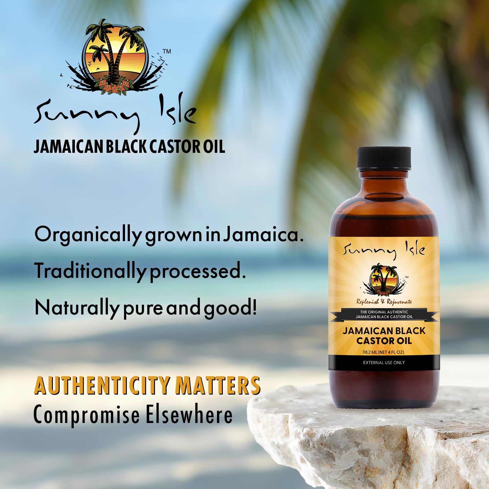 Sunny Isle bottle in hand showing 4oz scale for size and portability benefit