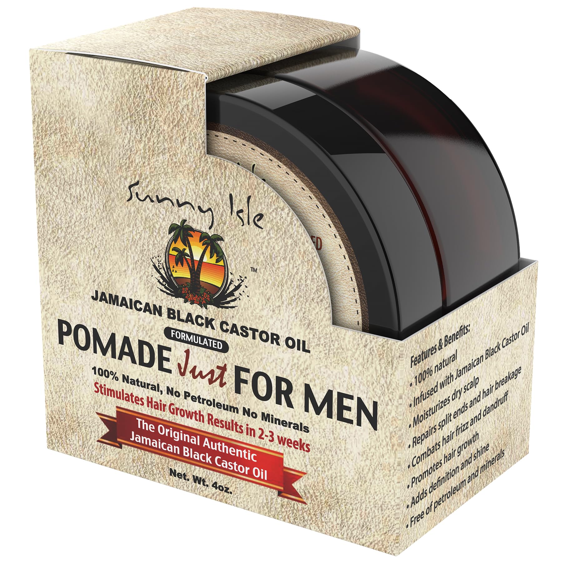 Sunny Isle pomade front jar showing lid and 4 oz label, displays easy-grip packaging for daily use