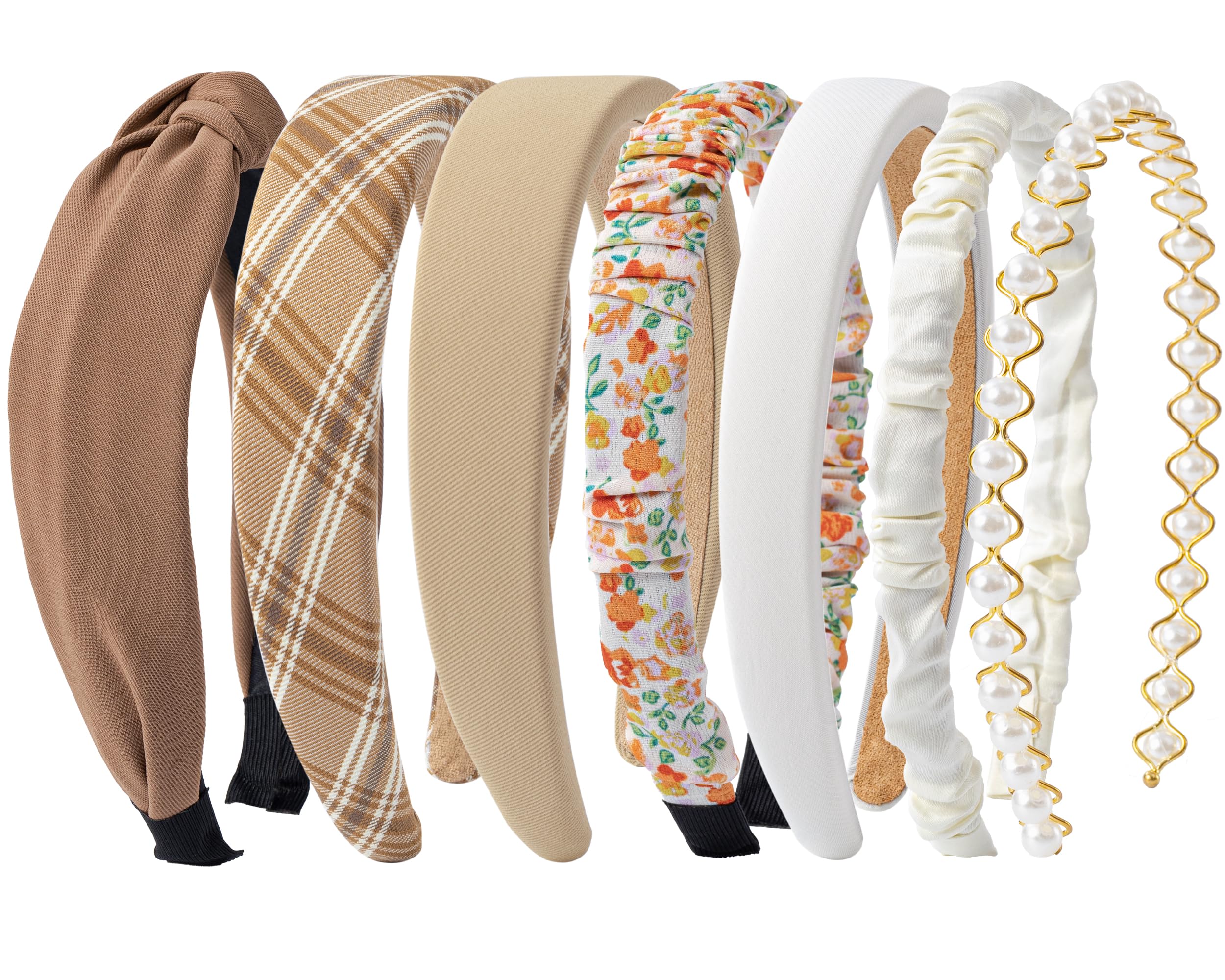 Sunolga front packaged seven headbands showing neutral styles and variety