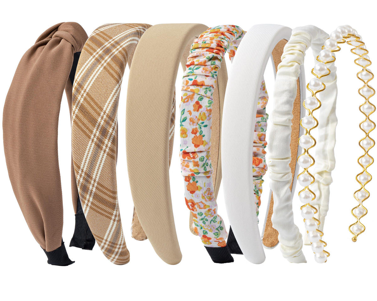 Sunolga front packaged seven headbands showing neutral styles and variety