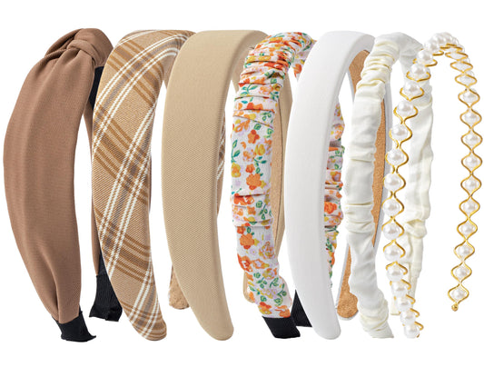 Sunolga front packaged seven headbands showing neutral styles and variety