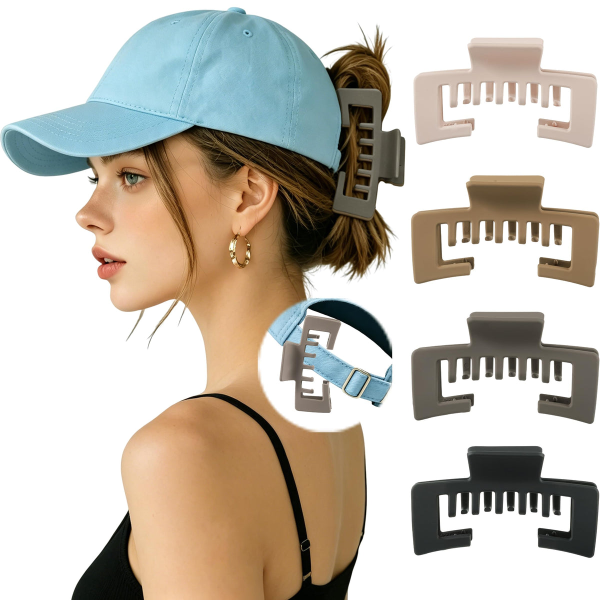 Sunolga front view of four hat clips showing colors and pack benefit