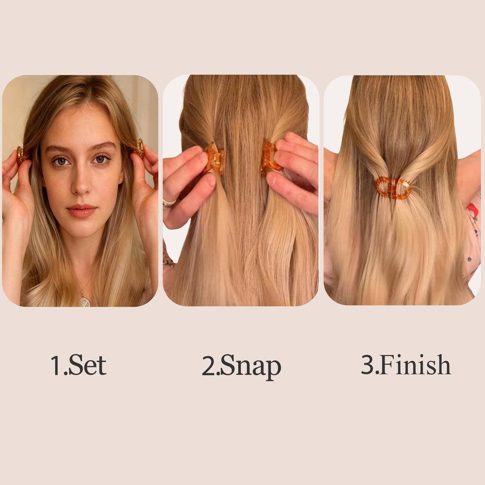 Sunolga clip holding half-up hairstyle on model, quick styling and no-slip benefit
