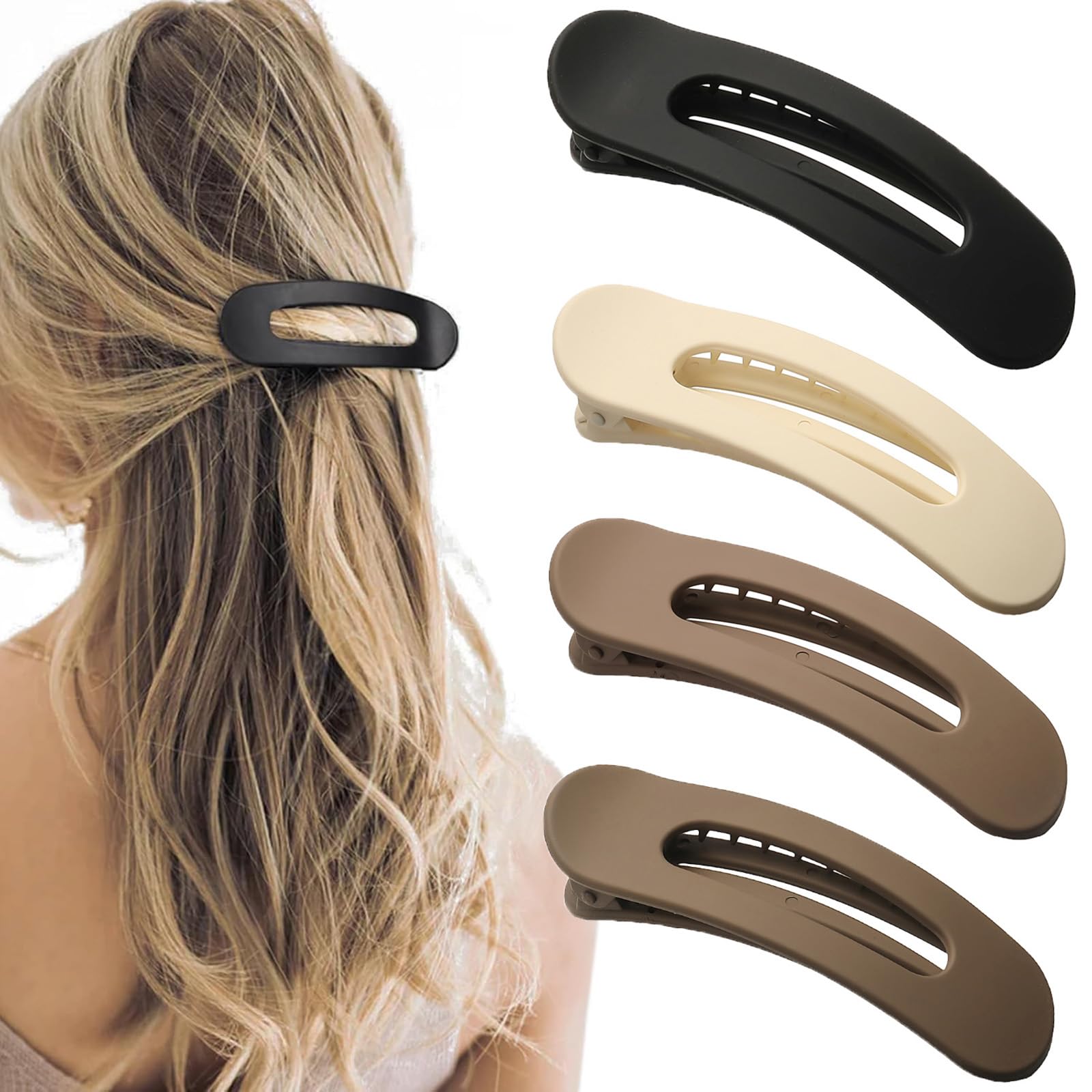SUNTIESDAY front view of four matte flat claw clips showing color and finish benefit
