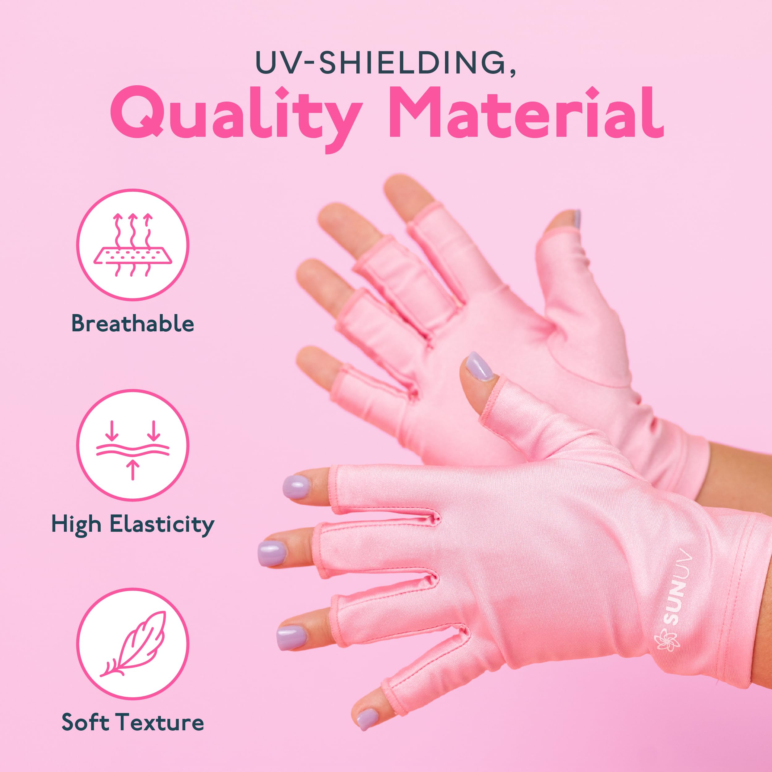 SUNUV gloves on hand for scale showing snug fit and forearm coverage
