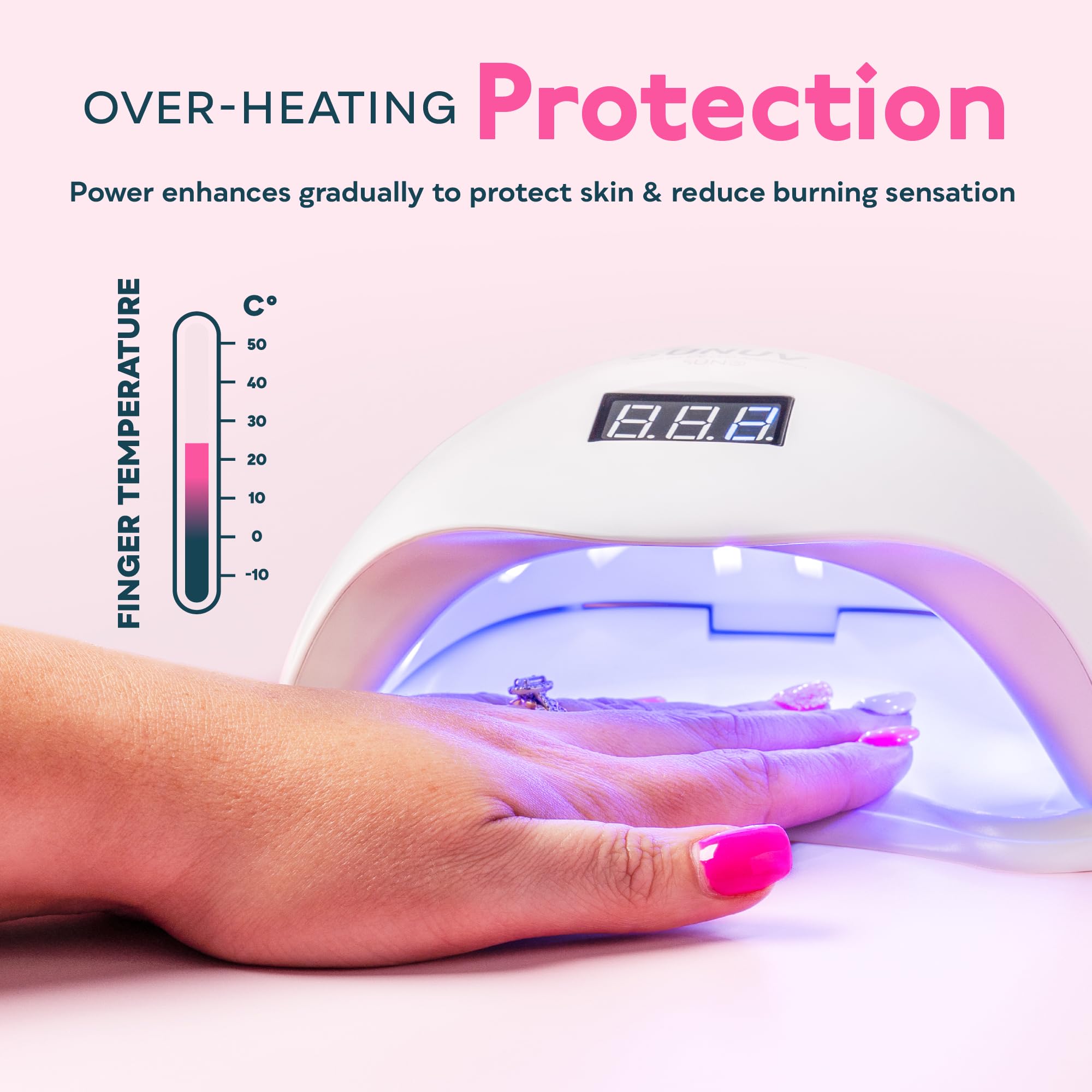 SUNUV SUN5 low-heat mode indicator showing gentle ramped power for comfort