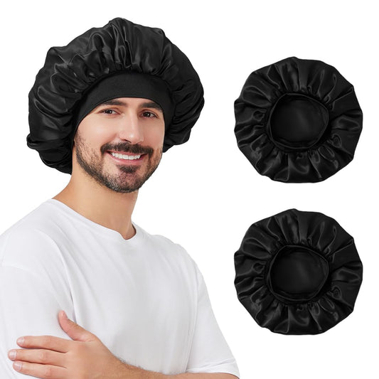 Supaze front view of two black satin bonnets showing generous fit and neat finish