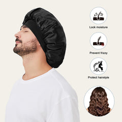 Supaze bonnet worn by person with curly hair demonstrating overnight protection