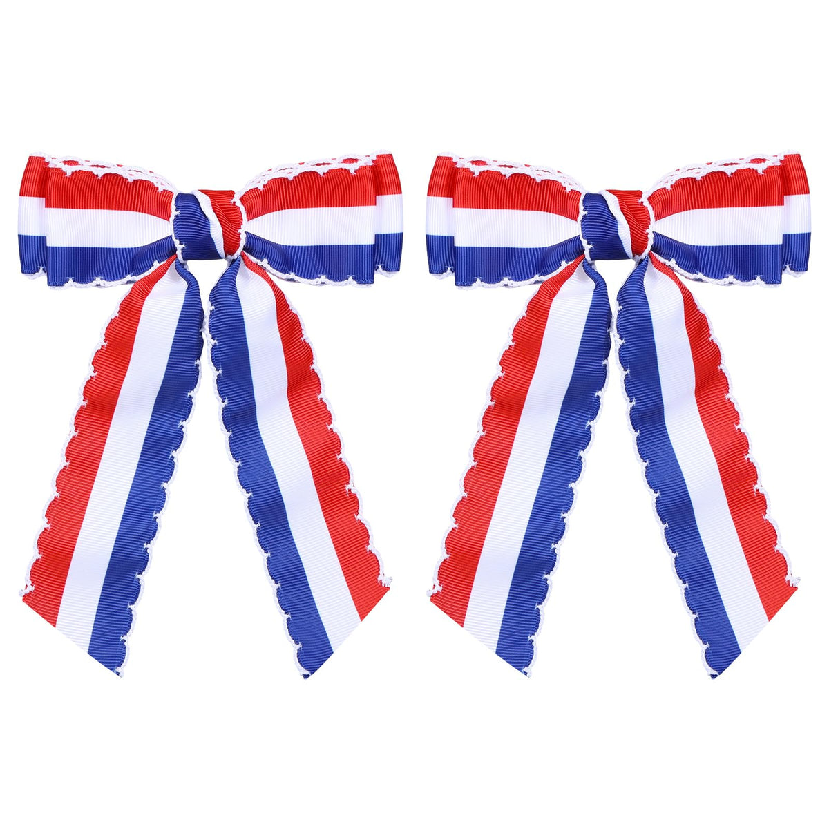 SUPCLIPS front view of red white blue bows showing bright colors and polished look