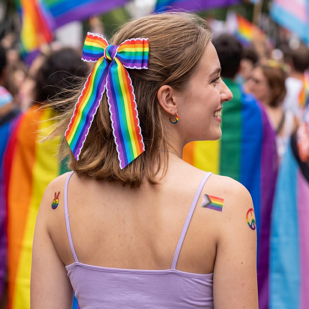 SUPCLIPS bow worn in half-up hairstyle showing vibrant styling effect