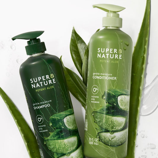 Supernature shampoo pump closeup highlighting gentle dispense