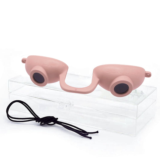 Super Sunnies EVO Flex front view showing peach goggles and compact profile, comfortable protection