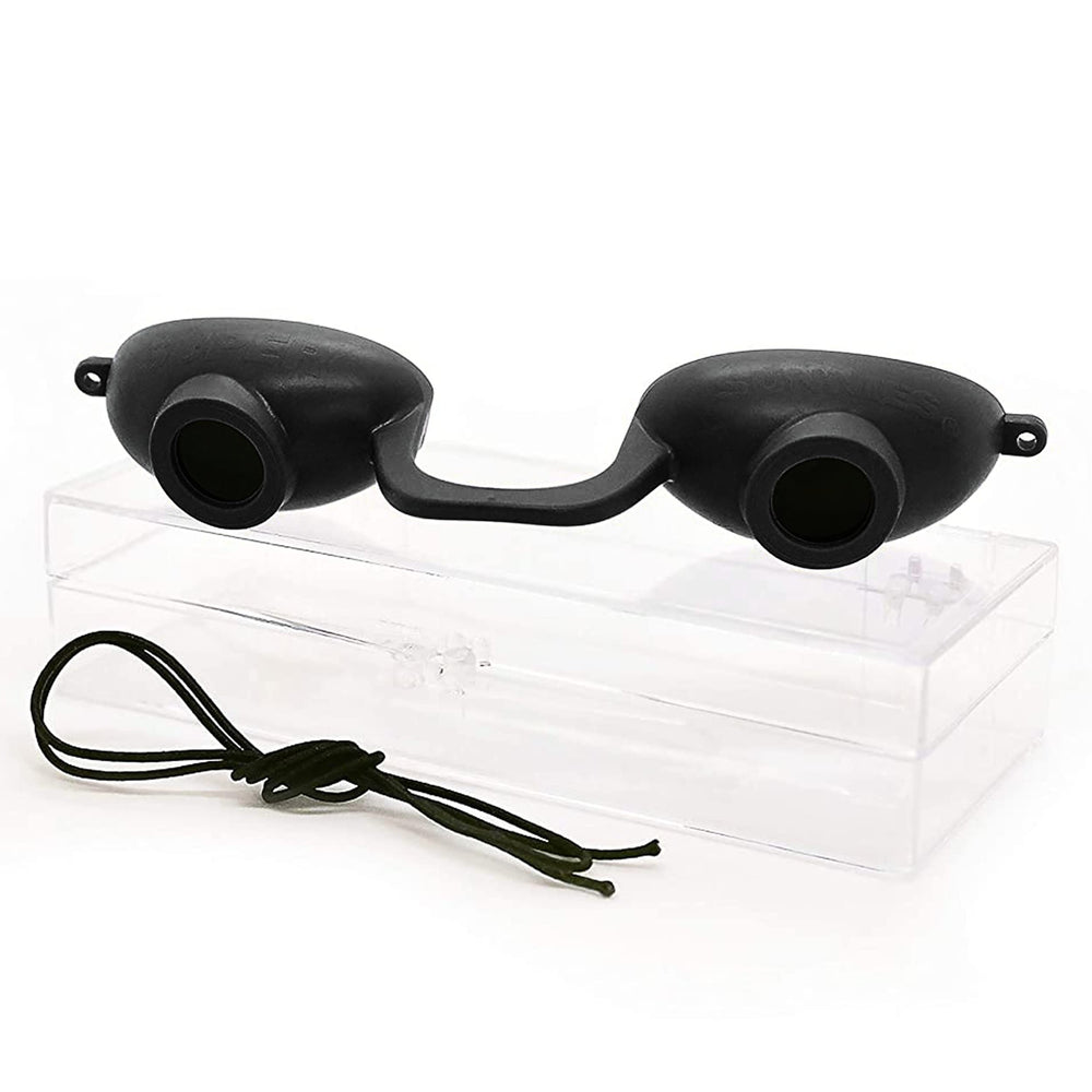 Super Sunnies front view showing compact black goggles and sleek profile for discreet protection