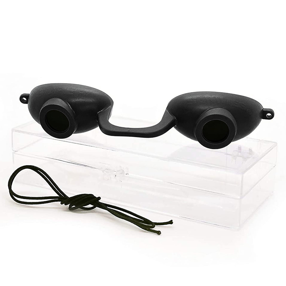 Super Sunnies front view showing compact black goggles and sleek profile for discreet protection