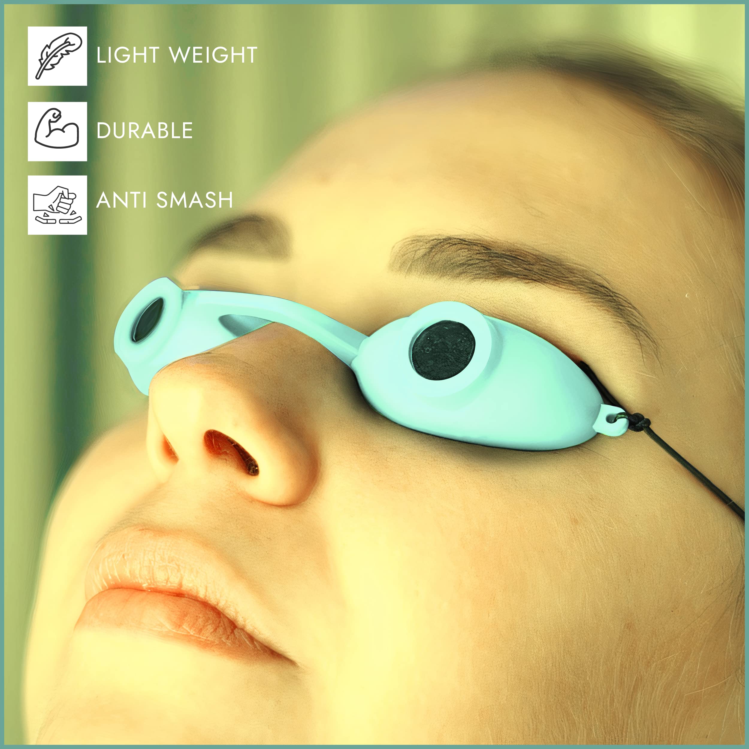Super Sunnies goggles worn during tanning bed session for safe coverage