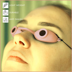 Super Sunnies EVO Flex worn during tanning bed session showing proper fit and eye shielding
