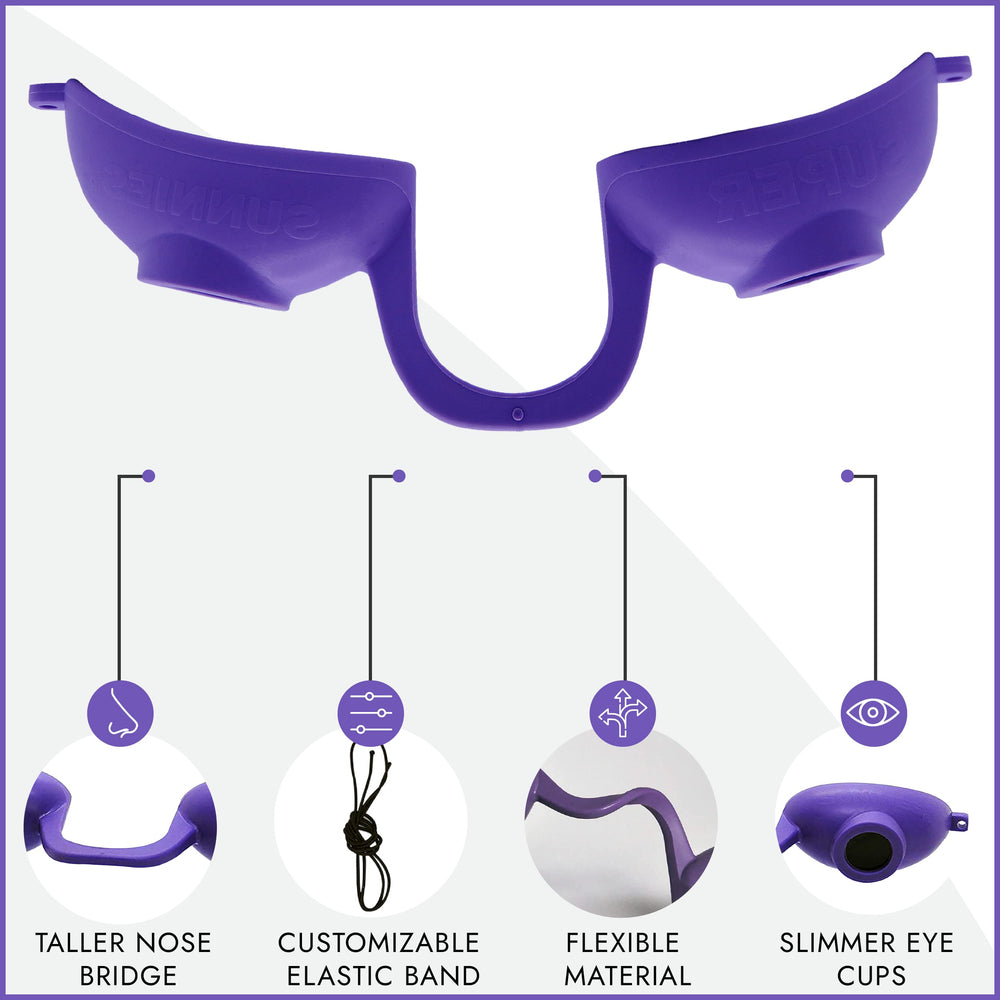 Super Sunnies slim eye cup profile reducing visible tan lines and comfortable wear