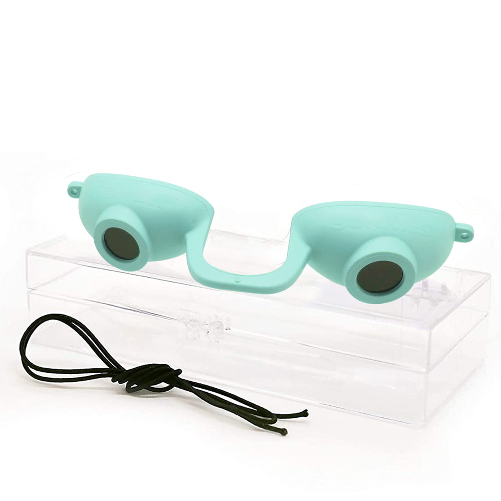 Super Sunnies teal goggles front view showing compact protection