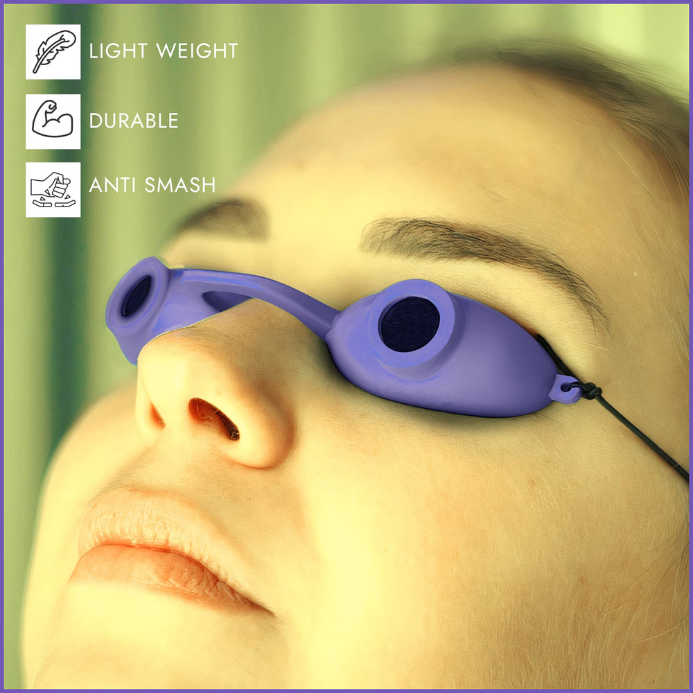 Super Sunnies in salon booth use displays goggles protecting eyes during indoor tanning sessions