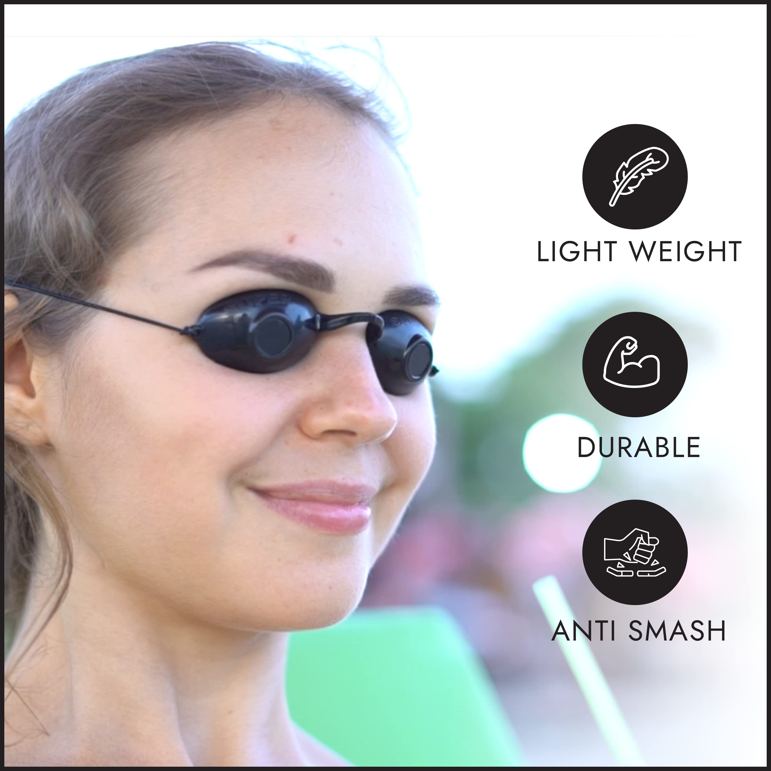 Super Sunnies being worn in a tanning booth for practical use and coverage