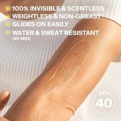 Supergoop! applying sunscreen to arm demonstrating even, invisible coverage benefit