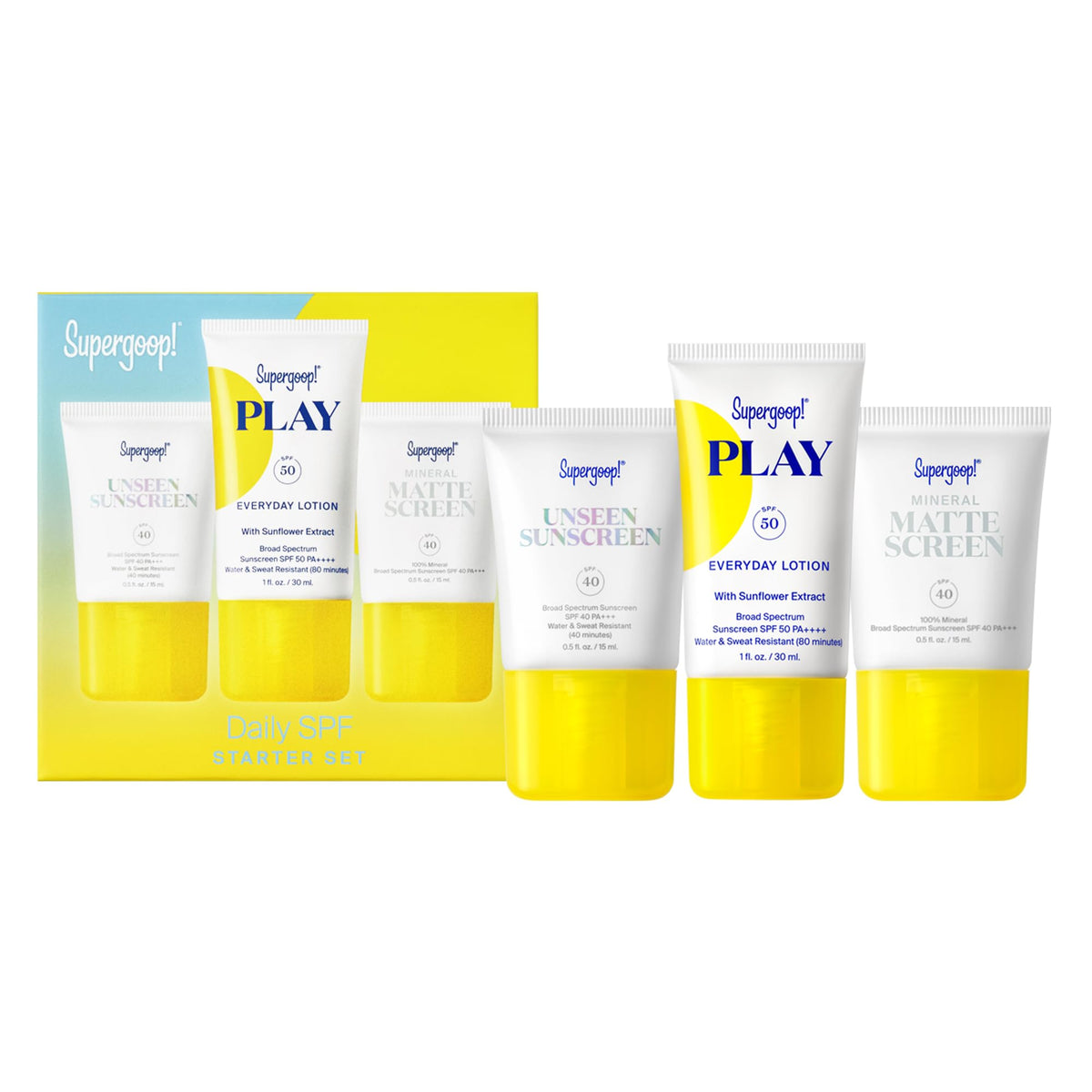 Supergoop! starter kit front packaging showing three travel sunscreens and easy protection