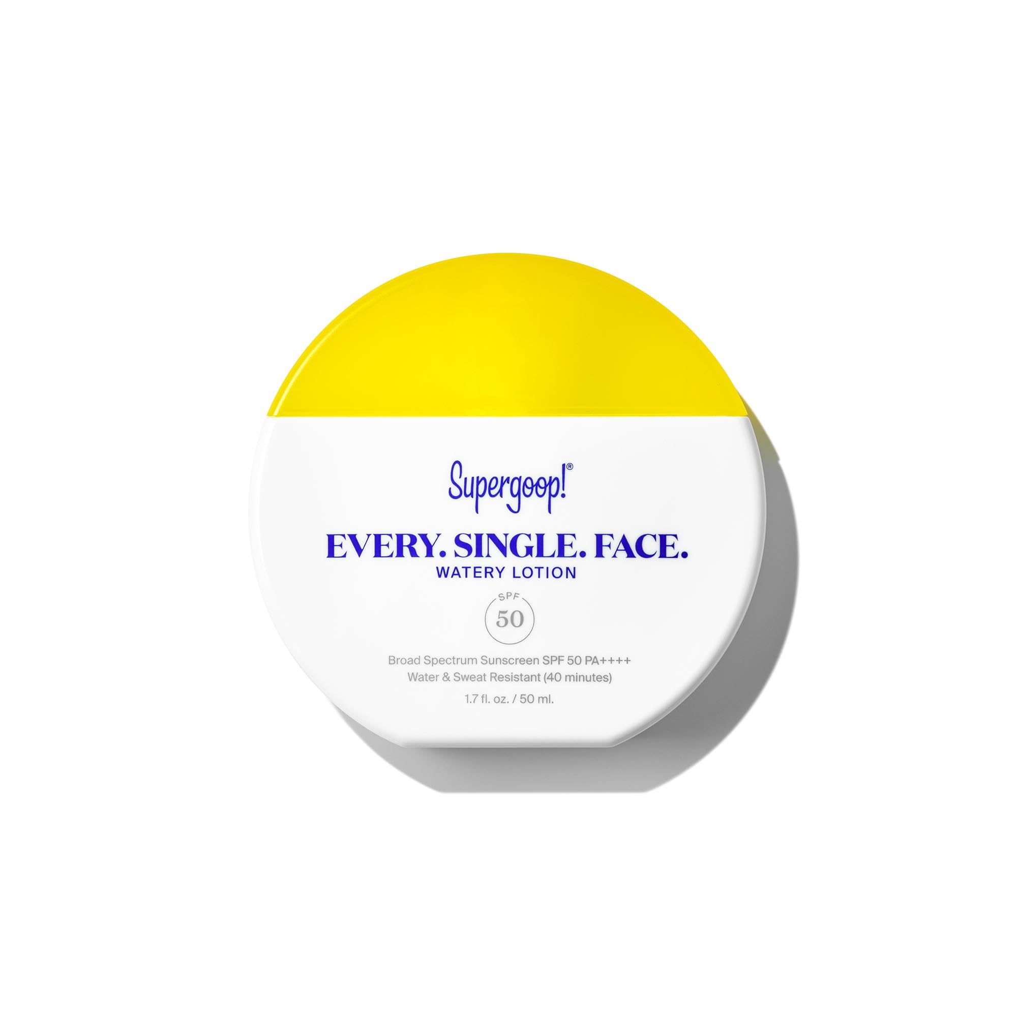 Supergoop! front packaging showing compact travel bottle and SPF 50 protection benefit