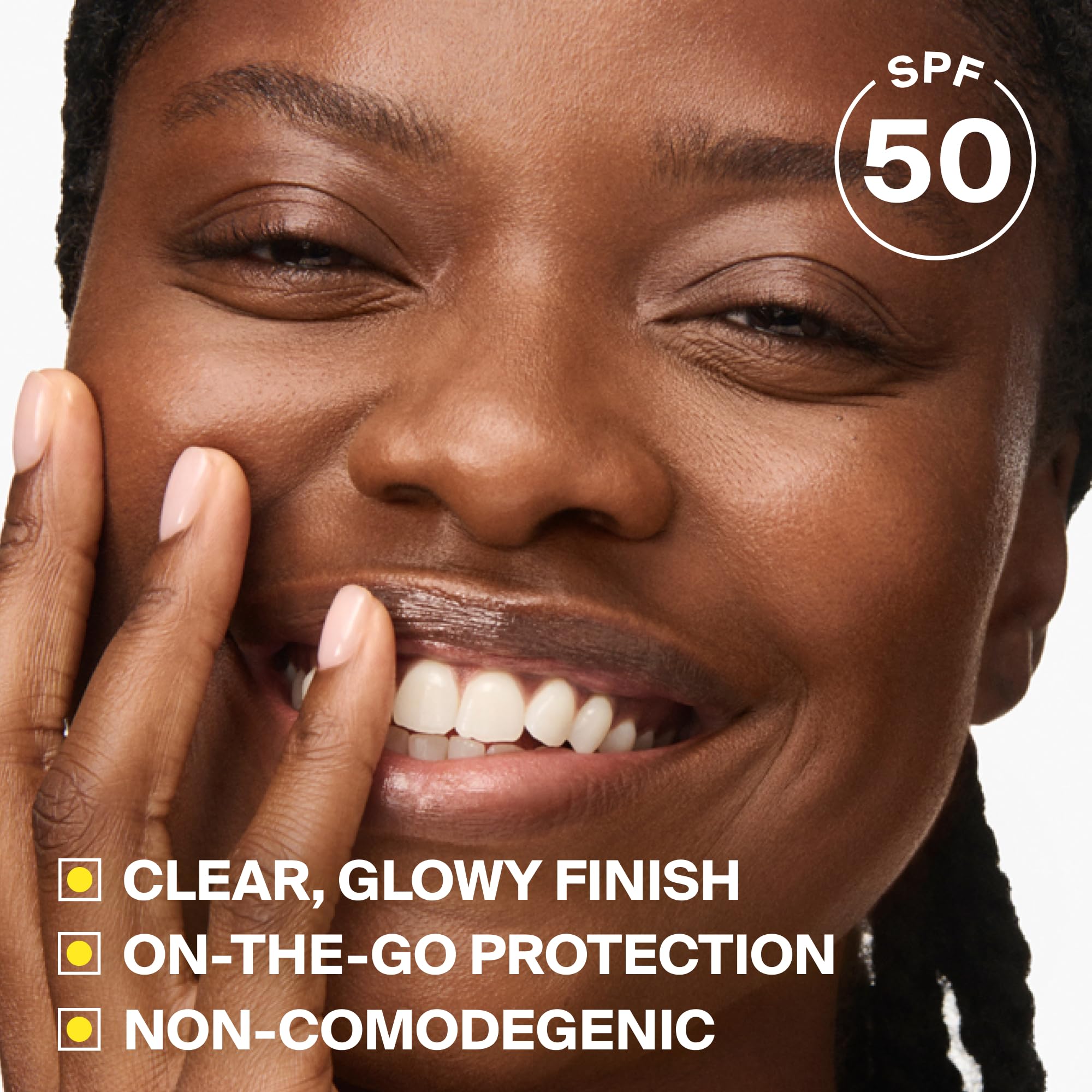 Supergoop! Glow Stick application on cheek demonstrating buildable glow and protection