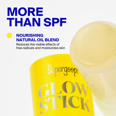 Supergoop! Glow Stick on chest and shoulder showing luminous highlight and sun coverage