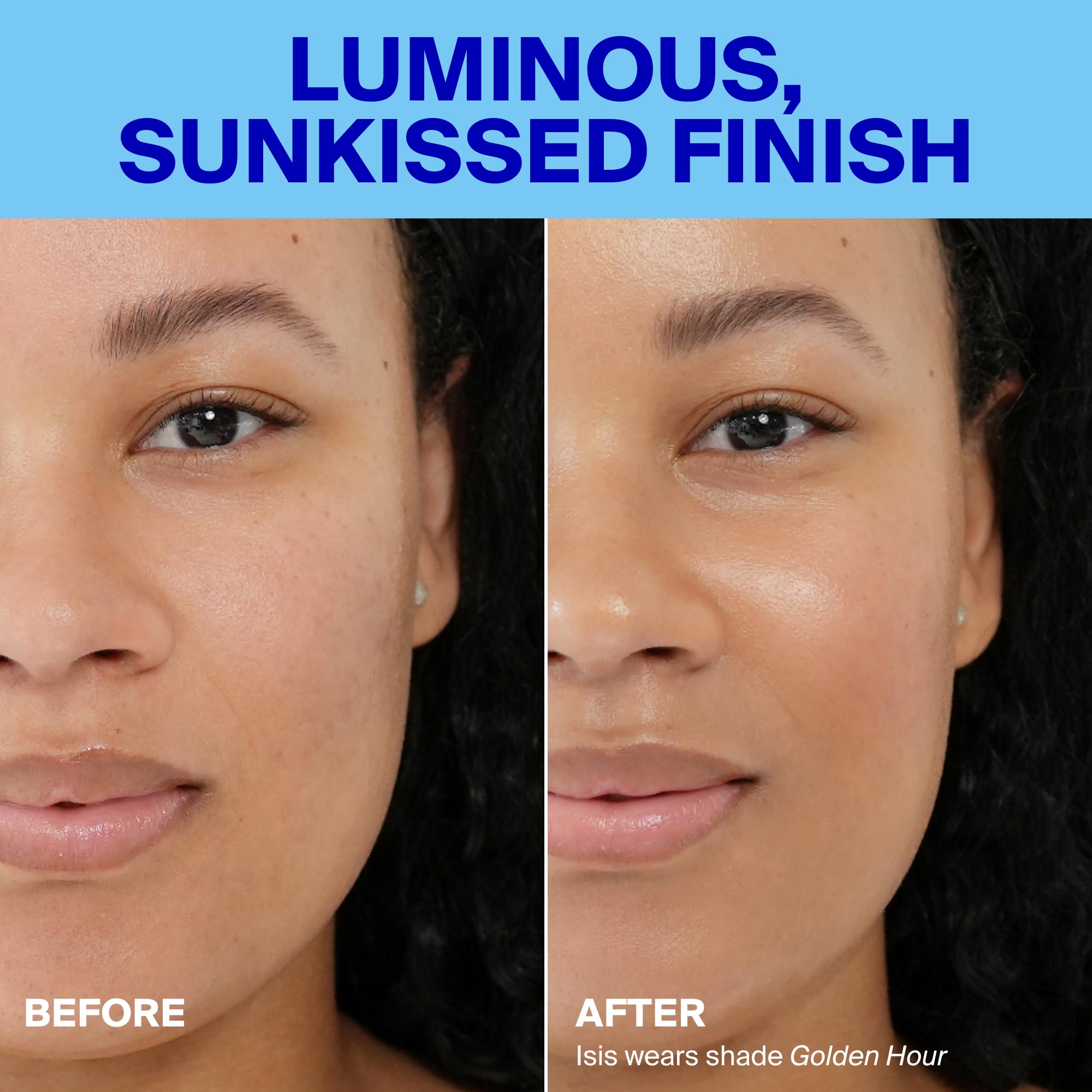 Supergoop! Glowscreen before and after showing evened tone and radiance