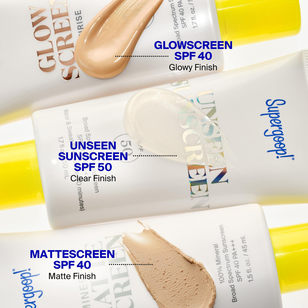 Supergoop! Glowscreen on bathroom vanity styled with skincare for everyday routine benefit